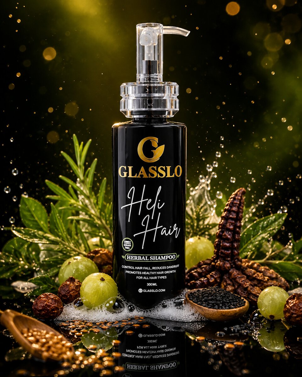 Glasslo Heli Hair Herbal Shampoo bottle